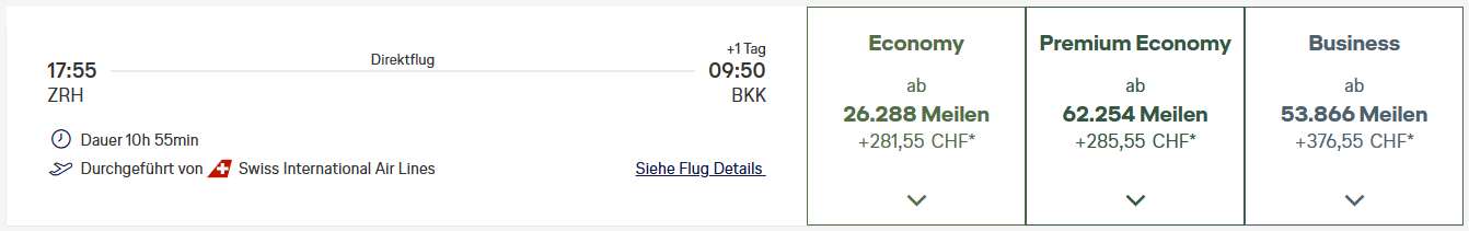 Miles More Award Flight ZRH BKK Business Class Swiss Update Mar