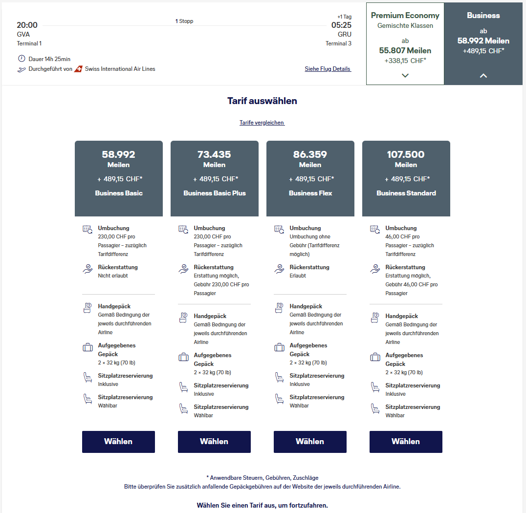 Miles More Award Flight GVA GRU Business Class SWISS Tarife Update April