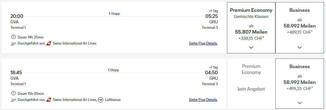 Miles More Award Flight GVA GRU Business Class SWISS Update April