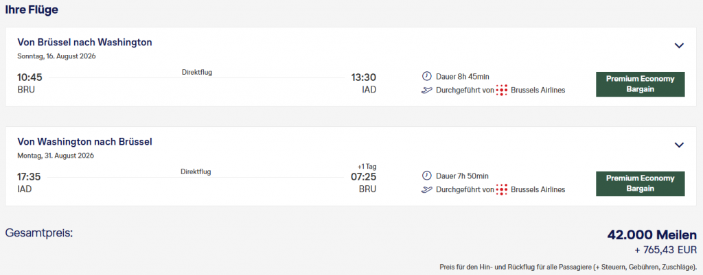 Miles More MS BRU IAD PremEco Brussels Airlines Aug 2026