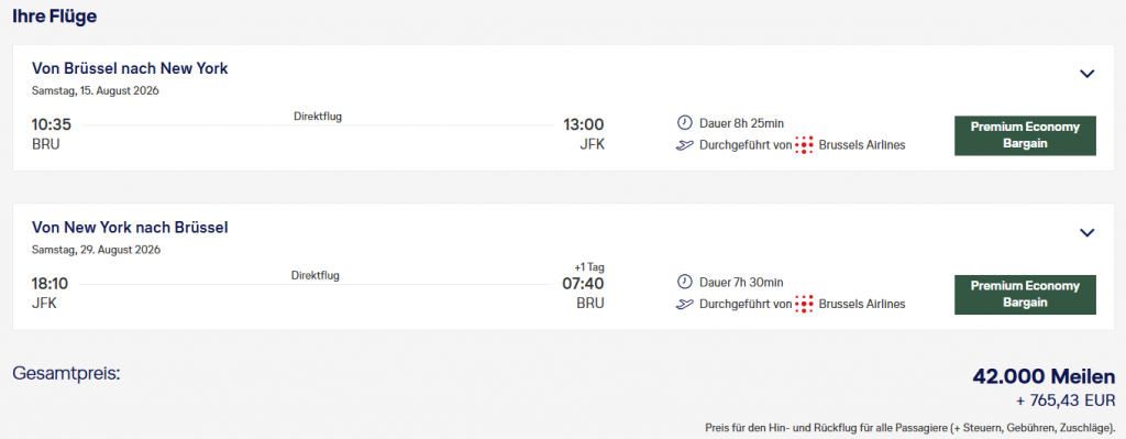 Miles More MS BRU JFK PremEco Brussels Airlines Aug 2026