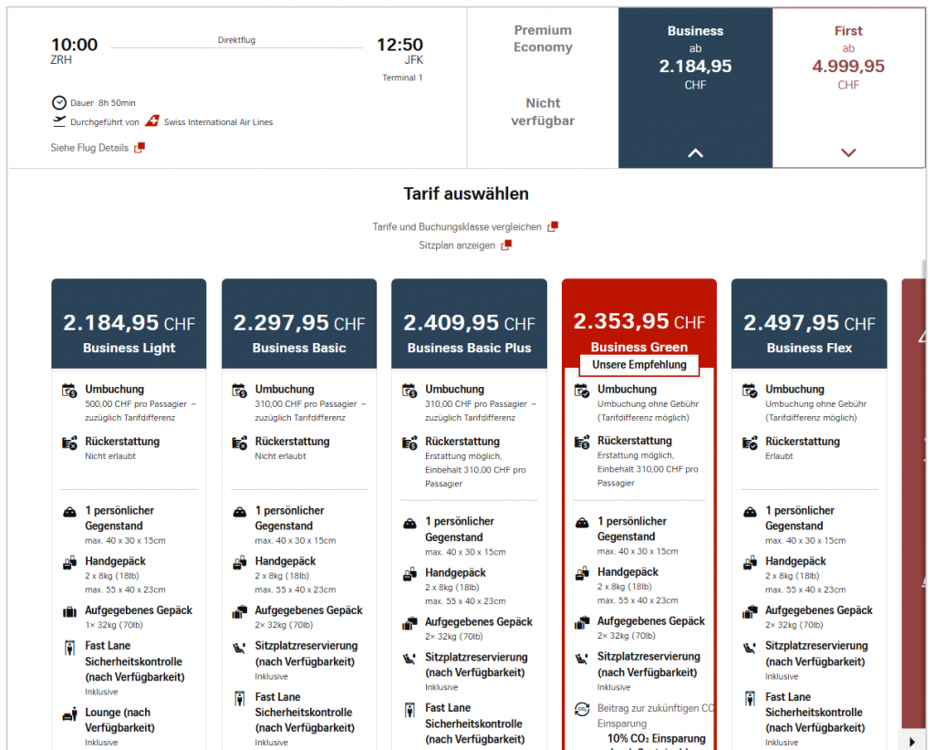 SWISS ZRH JFK Beispiel Tarifinhalte Business NEU Ab 14. April 2026