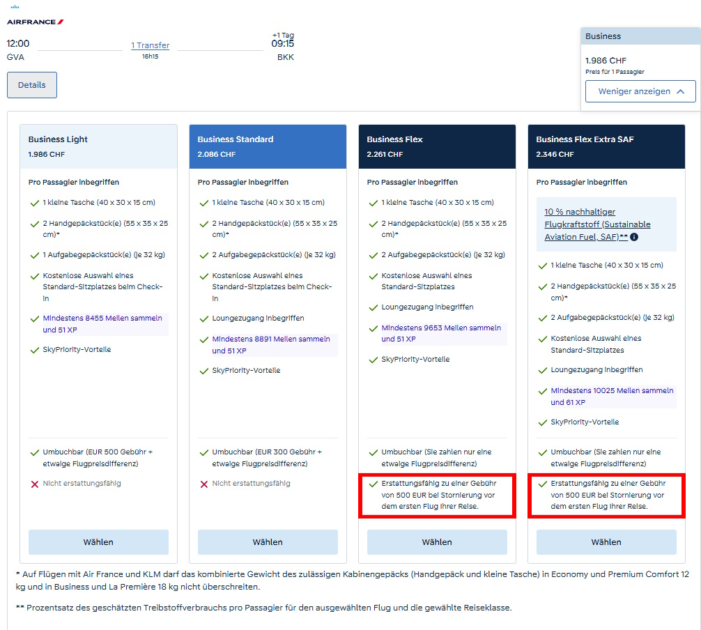 Screenshort Air France Erstattungsgebuehren Business Flex Ch