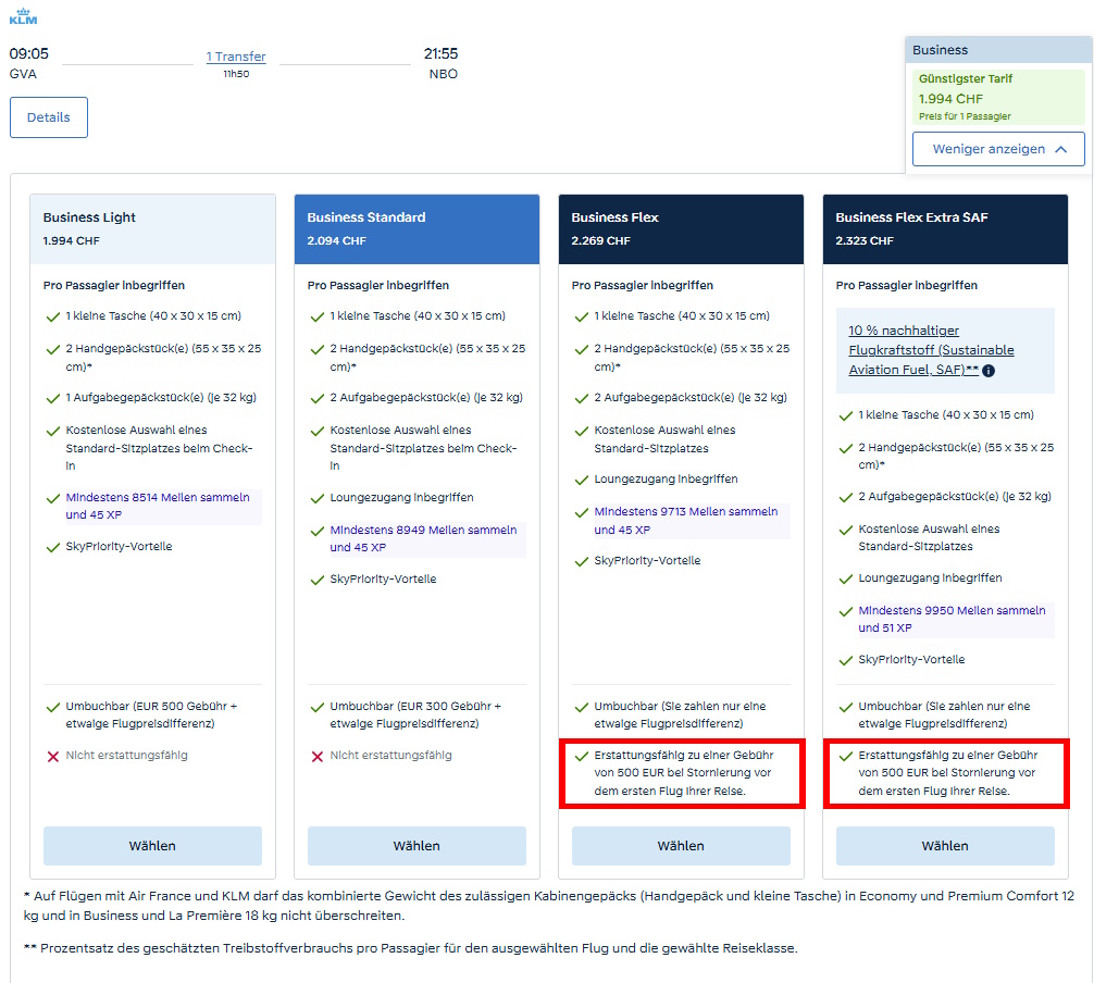 Screenshort Klm Erstattungsgebuehren Business Flex Ch