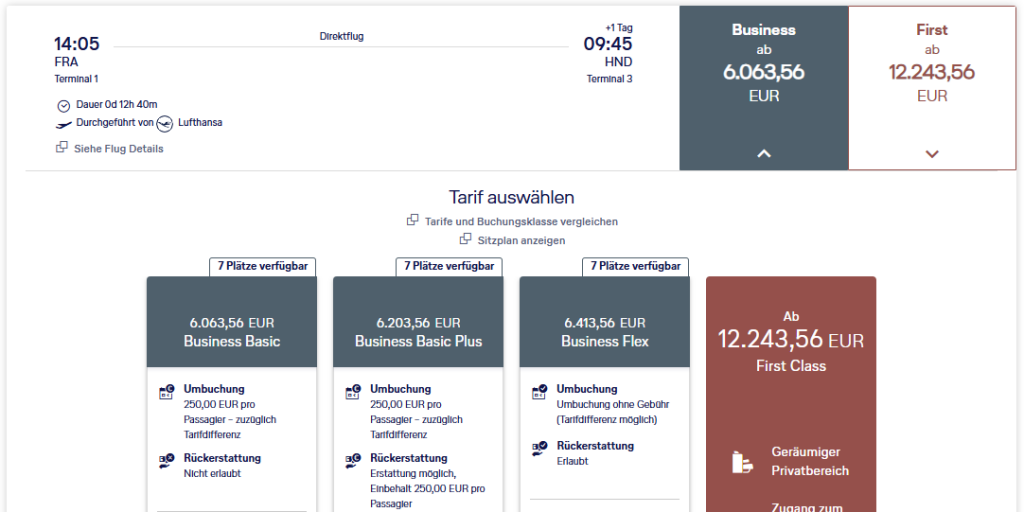 Lufthansa Beipiel Business Class FRA HND Tarif Vor Umstellung