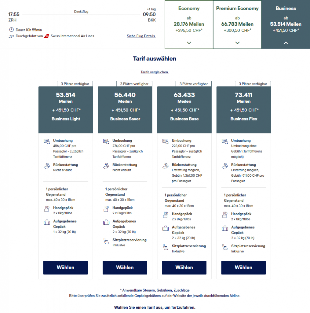 Miles More Award Flight BER BKK Business Class SWISS Neue Tarife Ab Ende Mai 2026