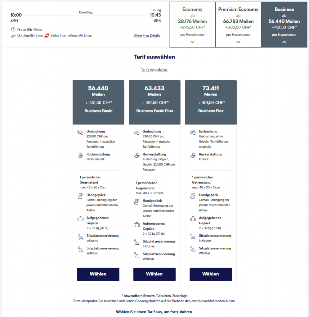 Miles More Award Flight ZRH BKK Business Class Swiss Tarife Update Mai