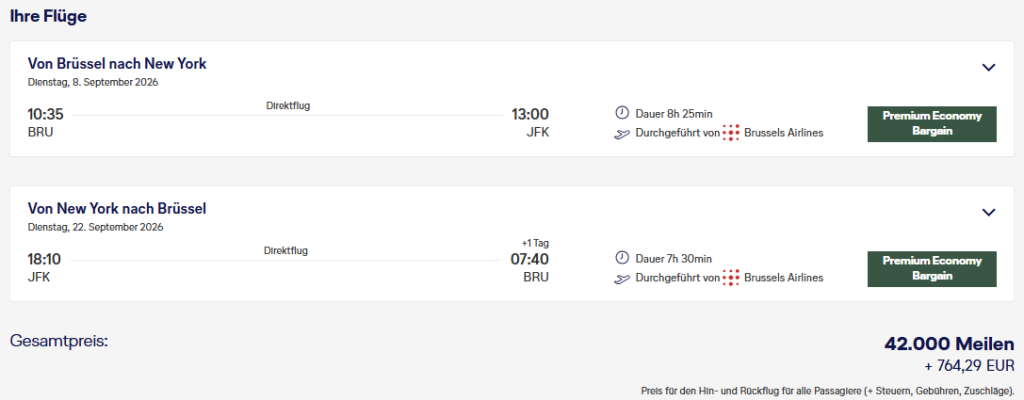 Miles More MS BRU JFK PremEco Brussels Airlines Mai 2026