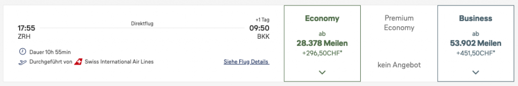 Miles More Award Flight ZRH BKK Business Class Swiss Update Juni