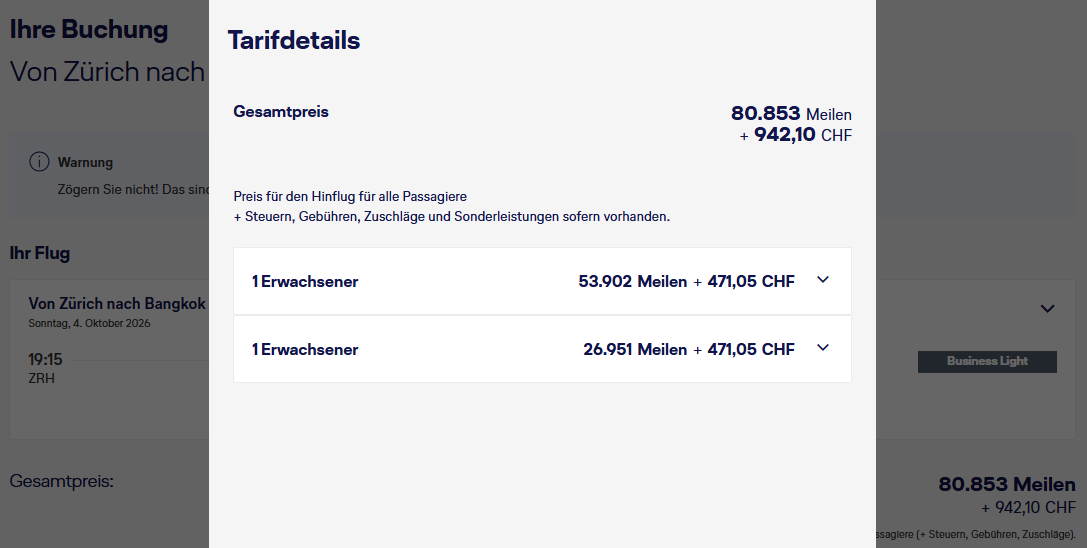 Miles More Award Flight ZRH BKK Business Class Swiss Companion Update Juni