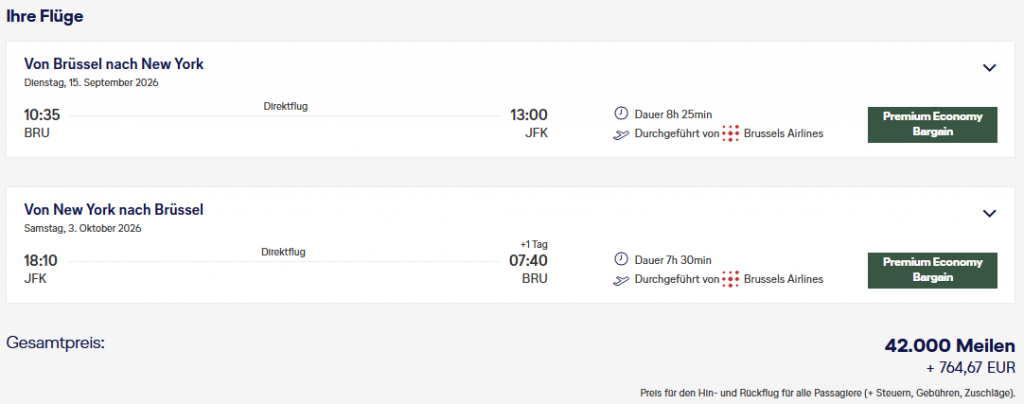 Miles More MS BRU JFK PremEco Brussels Airlines Juni 2026