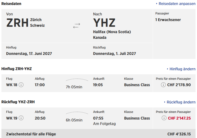 Fluege Edelweiss Zuerich Halifax Airbus A350 Buchung