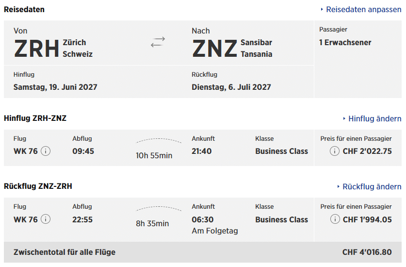Fluege Edelweiss Zuerich Sansibar Airbus A350 Buchung