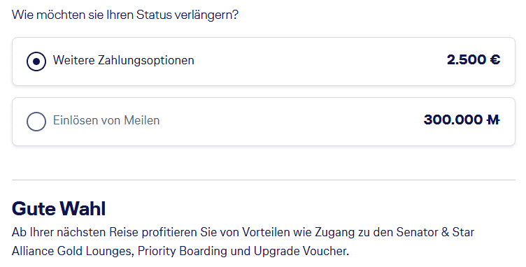 Senator Status verlängern für 2’500 Euro oder 300’000 Meilen